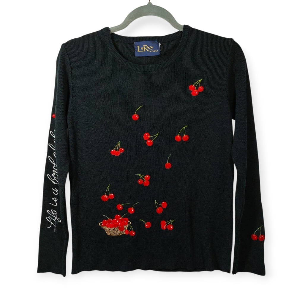 Vintage LeRoy Life Is A Bowl Full Of Cherries Sweater Long Sleeve Knit Sz M
